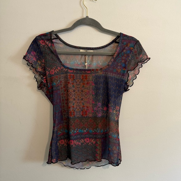 Natural Life Women Sheer Mesh Top Size M Square Neck Lettuce Hem Floral Boho NWT - Picture 6 of 7